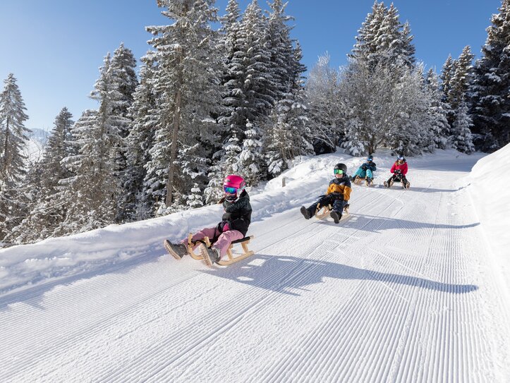 Mehrere Kinder fahren auf Holzschlitten eine präparierte Winterstraße im verschneiten Wald hinunter.