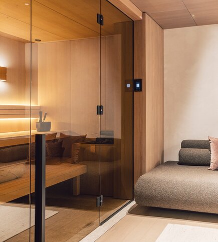 A modern private sauna with wood paneling and a glass front beside a cushioned lounger.