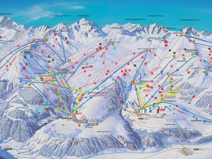Der Pistenplan zeigt das Skigebiet Serfaus-Fiss-Ladis mit Liften, Abfahrten und den Orten Serfaus, Fiss und Ladis.
