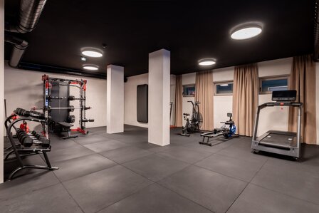 Ein moderner Fitnessraum mit Trainingsgeräten, Laufband und mehreren Fenstern.