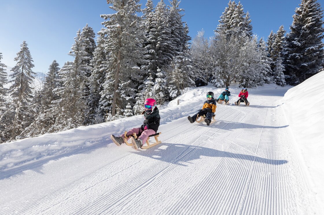 Vier Kinder rodeln auf einer präparierten Winterpiste im verschneiten Wald.