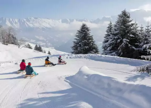 Familienurlaub in den Bergen - Familie am Rodeln im Schnee